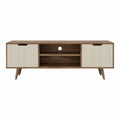 Meuble TV rectangulaire noyer et crème en panneaux de particules 180 x 40 x 55 cm avec 2 portes et rangement ouvert
