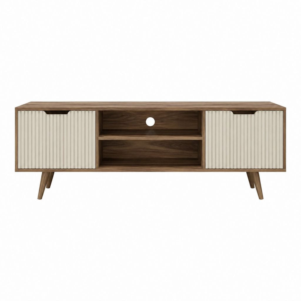 Meuble TV rectangulaire noyer et crème en panneaux de particules 180 x 40 x 55 cm avec 2 portes et rangement ouvert