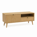 Meuble TV en panneaux MDF plaqués chêne naturel 140 x 40 x 60 cm avec porte coulissante et tiroir