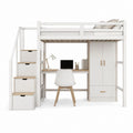 Lit mezzanine enfant 90 x 190 cm blanc et bois clair en pin massif avec bureau armoire et escalier de rangement 204 x 135 x 180 cm