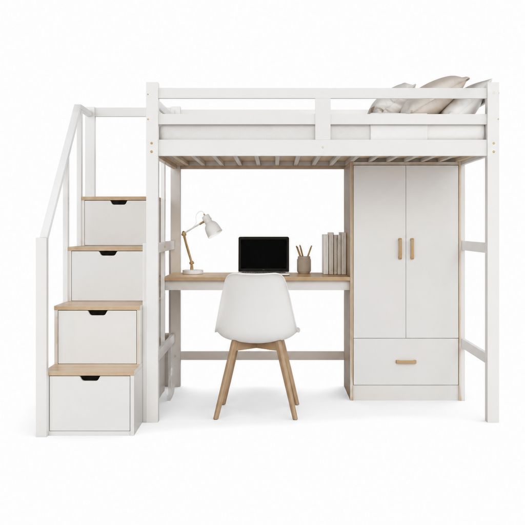 Lit mezzanine enfant 90 x 190 cm blanc et bois clair en pin massif avec bureau armoire et escalier de rangement 204 x 135 x 180 cm