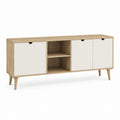 Meuble TV 180 cm blanc et chêne en panneaux de particules avec 3 portes et 2 niches