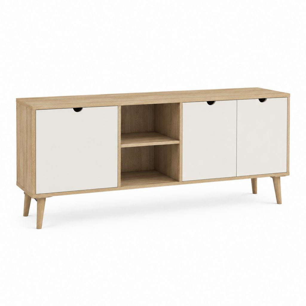 Meuble TV 180 cm blanc et chêne en panneaux de particules avec 3 portes et 2 niches