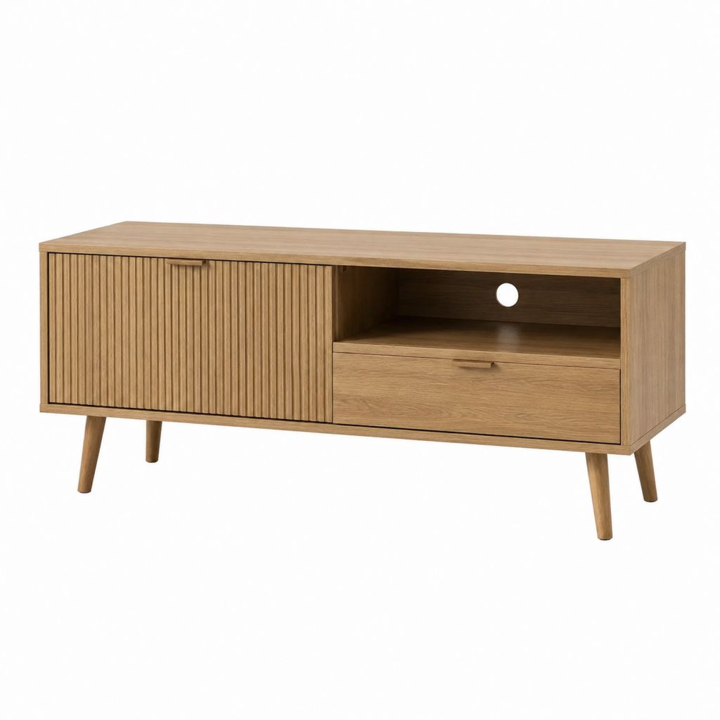 Meuble TV rectangulaire chêne naturel en panneaux de particules mélaminés 140 x 40 x 60 cm