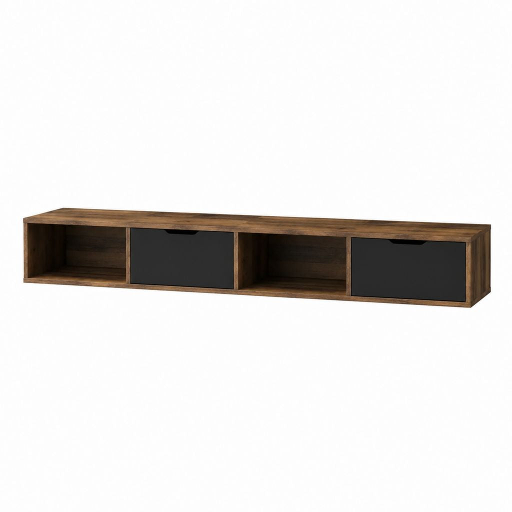 Meuble TV mural 160 cm marron et noir en bois massif de manguier avec 2 tiroirs