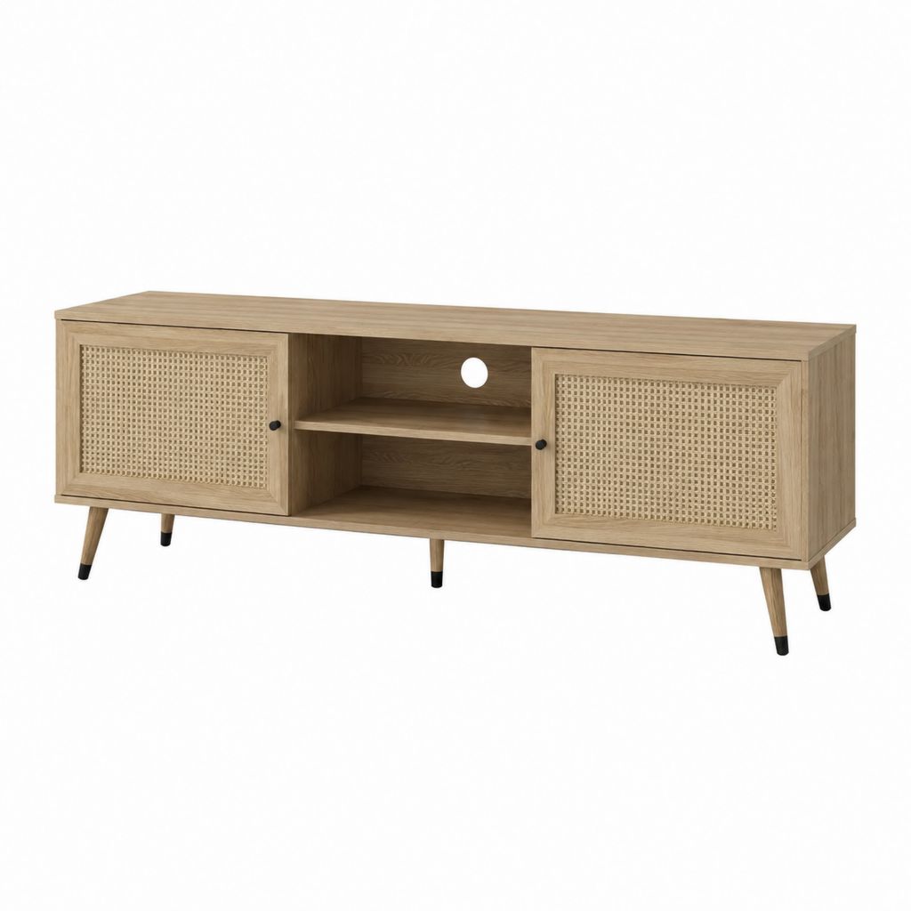 Meuble TV 160 x 40 x 55 cm chêne clair en panneaux de particules avec portes en rotin rectangulaire