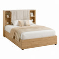 Lit coffre rectangulaire 160 x 200 cm chêne clair et beige en panneaux de particules avec tête de lit capitonnée et niches