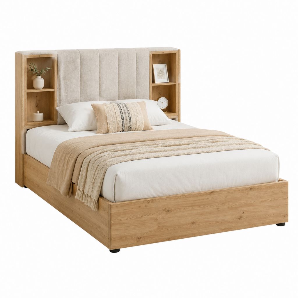Lit coffre rectangulaire 160 x 200 cm chêne clair et beige en panneaux de particules avec tête de lit capitonnée et niches