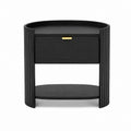 Table de chevet noire en MDF plaqué chêne ronde avec tiroir et étagère 50 x 40 x 60 cm