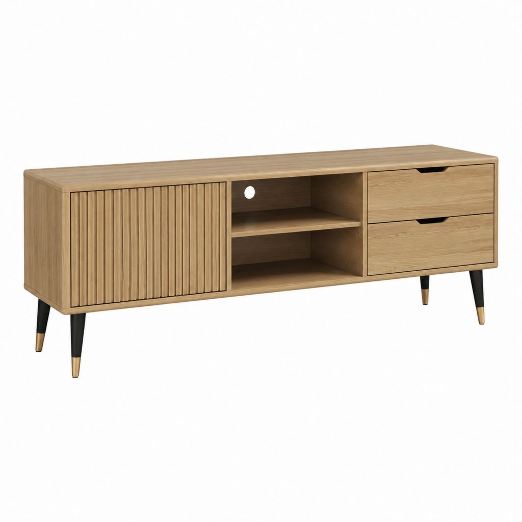 Meuble TV rectangulaire 160 x 40 x 60 cm effet chêne avec porte coulissante et 2 tiroirs