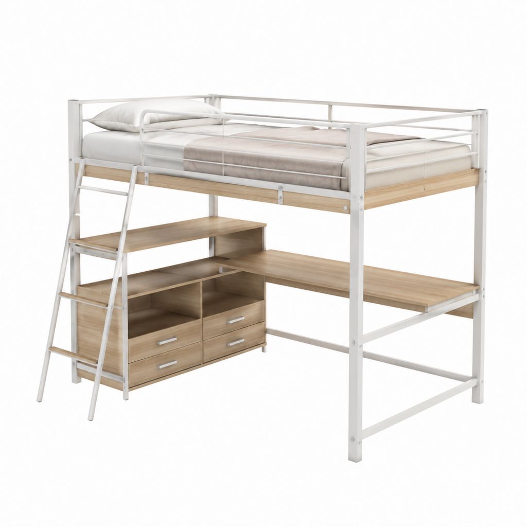 Lit mezzanine 90 x 200 cm blanc et chêne avec bureau rangement et échelle en acier et panneaux de particules