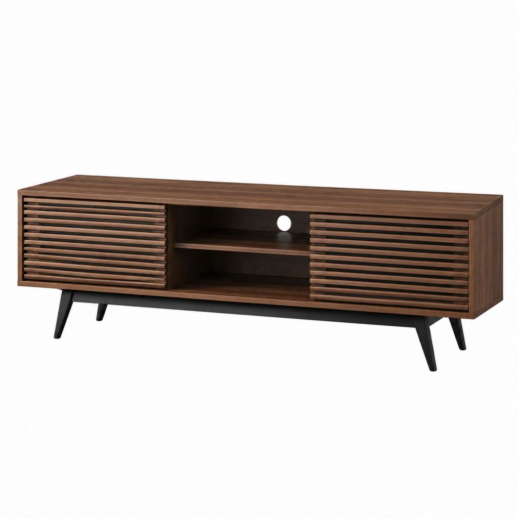 Meuble TV 180 x 40 x 55 cm brun noyer en MDF plaqué avec portes coulissantes et passe-câbles