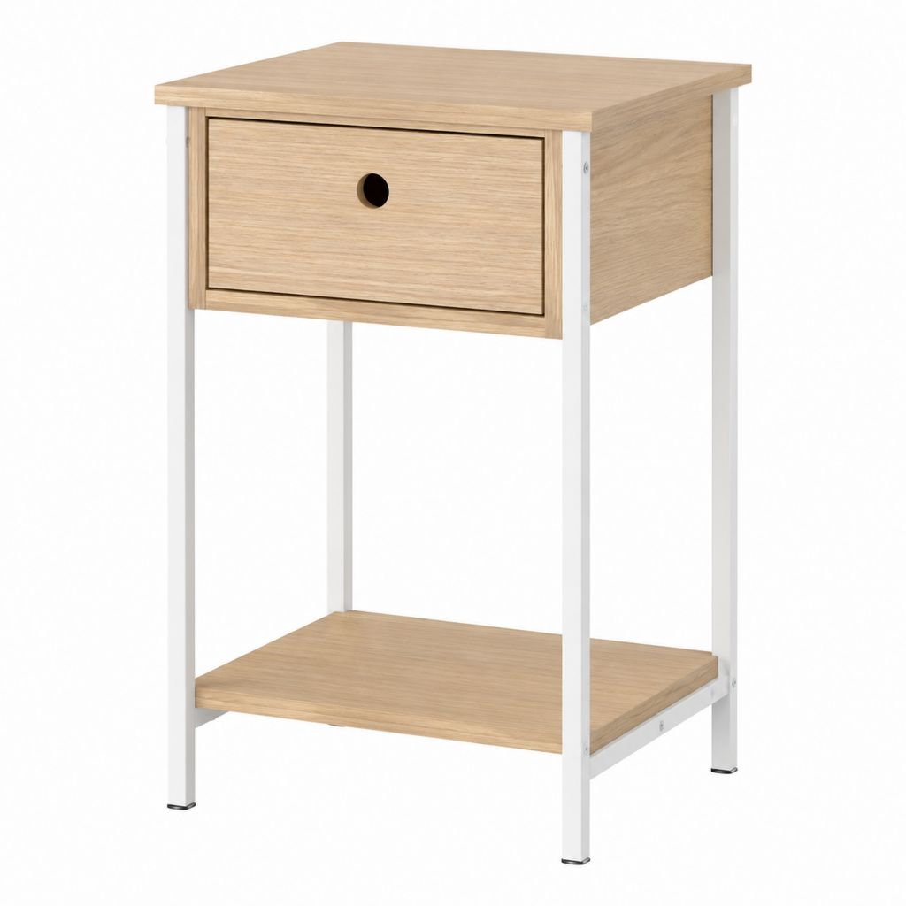 Table de chevet avec tiroir et étagère chêne clair acier blanc 40 x 30 x 60 cm
