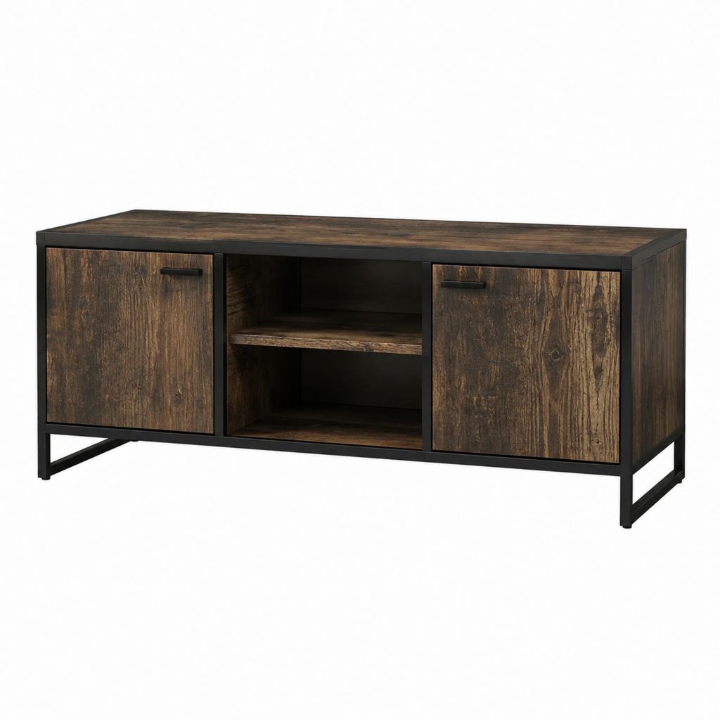 Meuble TV 140 cm brun foncé et noir en panneaux de particules rectangulaire avec 2 portes