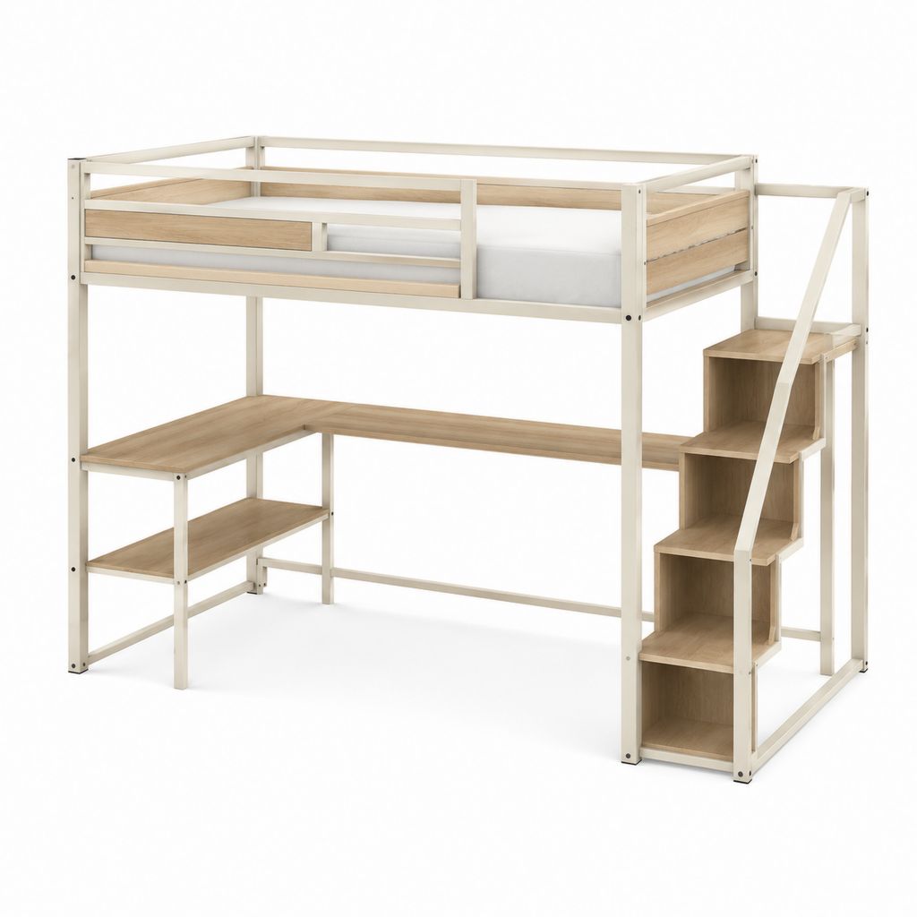 Lit mezzanine 90 x 190 cm avec bureau et escalier de rangement en acier blanc et panneaux de particules décor chêne