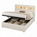 Lit coffre 160 x 200 cm beige en polyester rectangulaire avec éclairage LED et prises intégrées