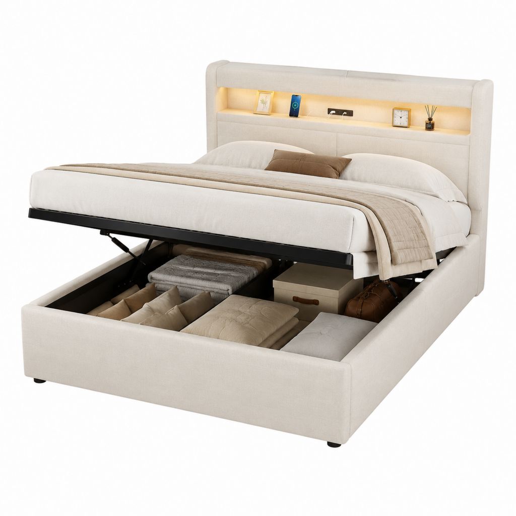 Lit coffre 160 x 200 cm beige en polyester rectangulaire avec éclairage LED et prises intégrées