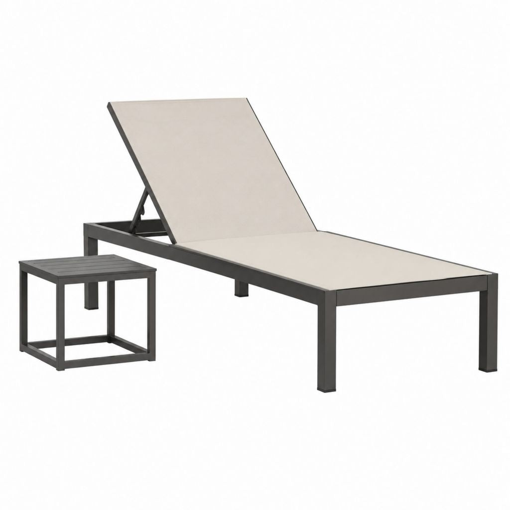 Ensemble bain de soleil réglable avec table d’appoint beige et noir en aluminium et textilène 196 x 65 x 33 cm