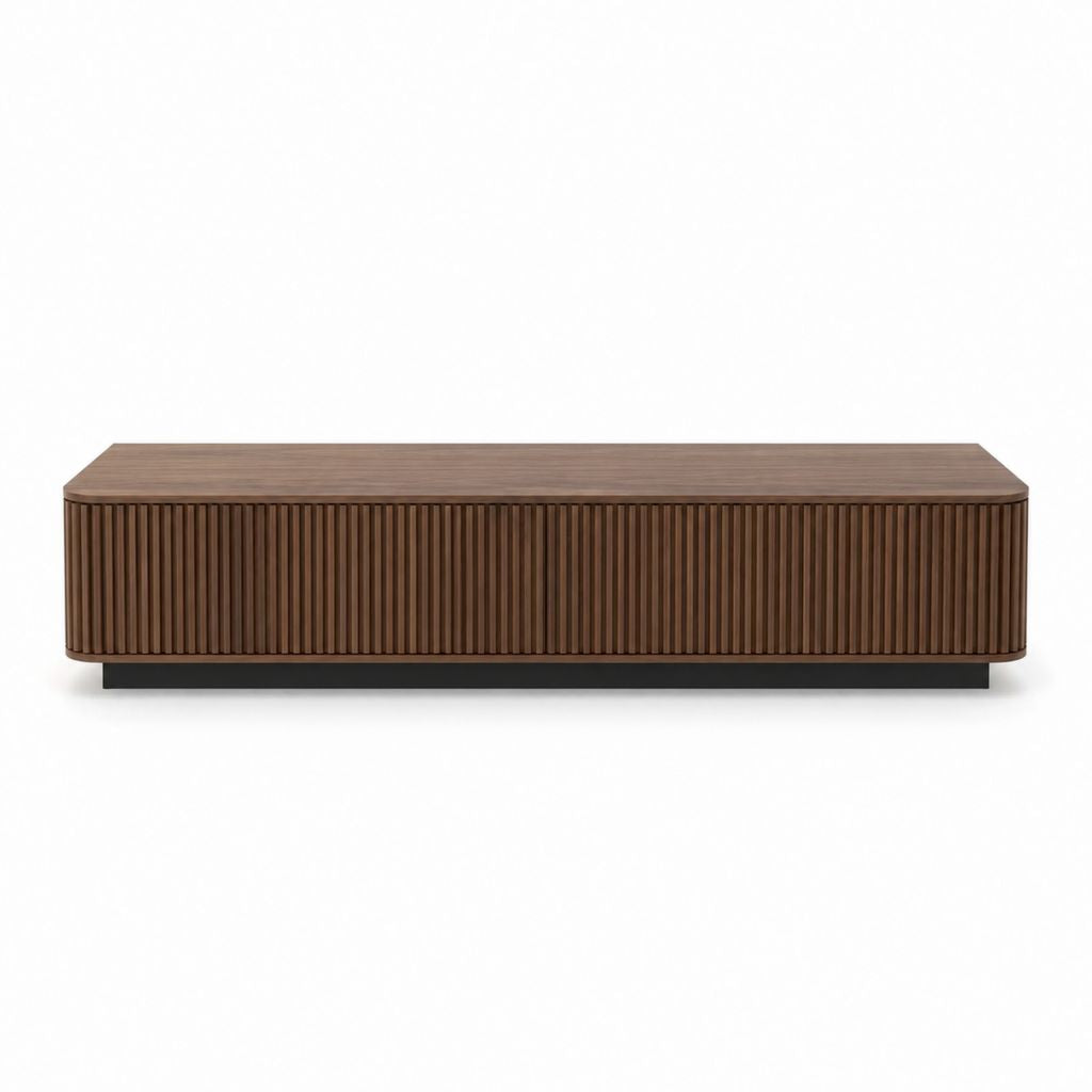Meuble TV bas marron en MDF plaqué noyer à façade rainurée 160 x 40 x 50 cm