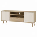 Meuble TV 160 cm chêne clair et blanc en panneaux de particules avec 2 portes 1 tiroir et rangement ouvert