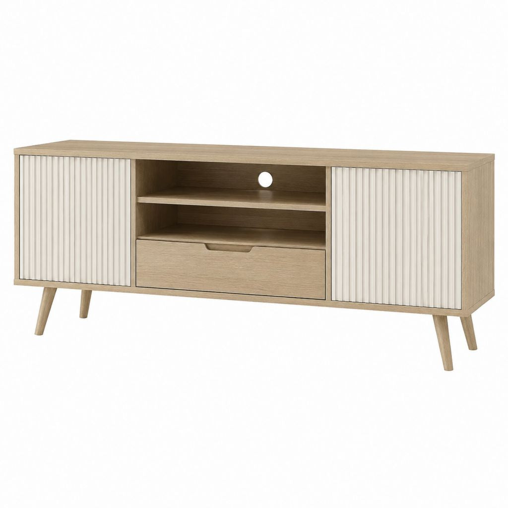 Meuble TV 160 cm chêne clair et blanc en panneaux de particules avec 2 portes 1 tiroir et rangement ouvert