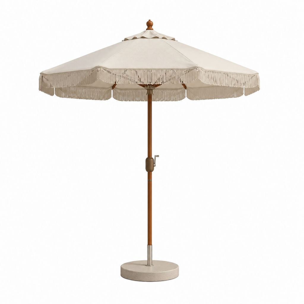Parasol de jardin octogonal crème en polyester et bois massif avec franges Ø 270 cm hauteur 250 cm