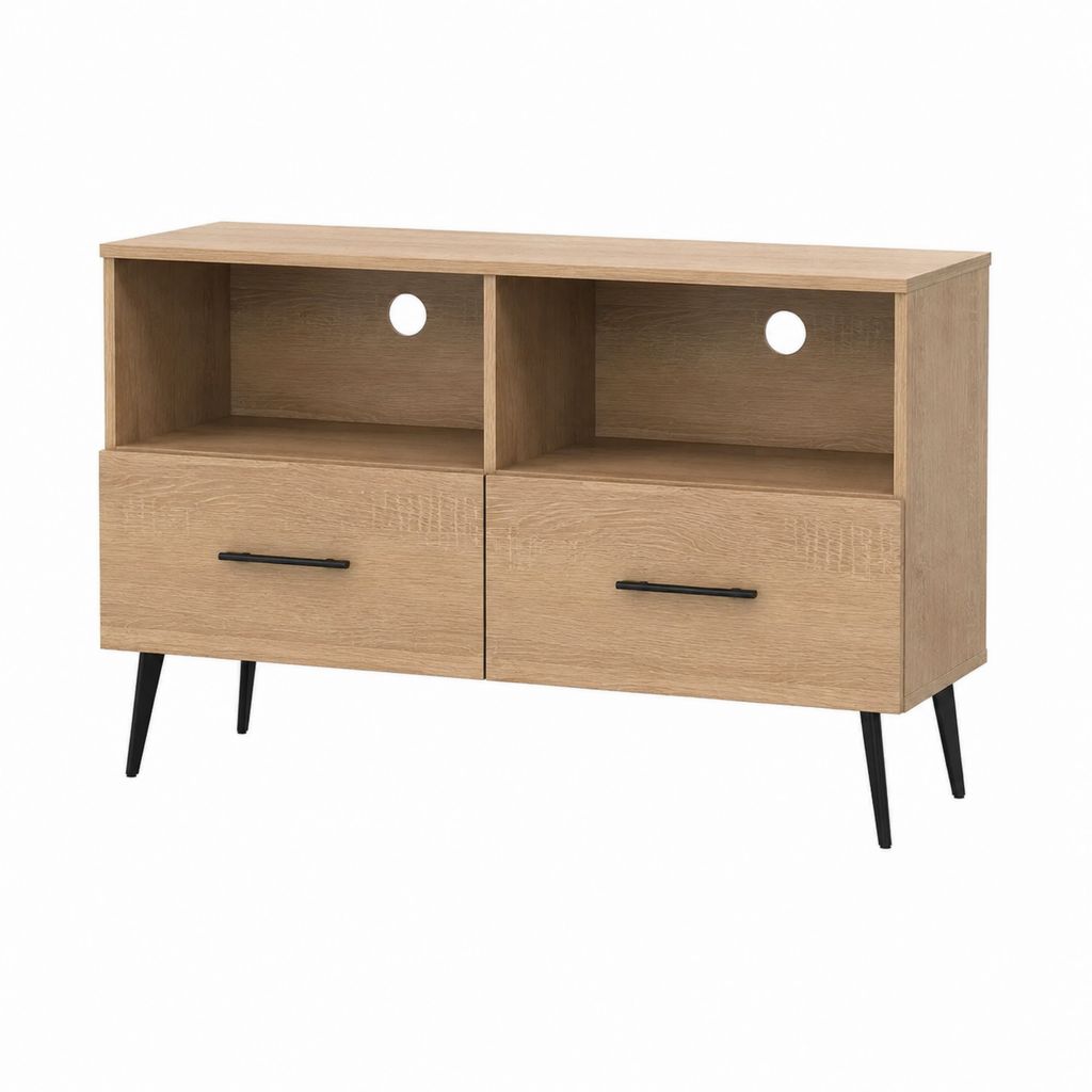 Meuble TV 2 tiroirs chêne clair en panneaux de particules 120 x 40 x 75 cm